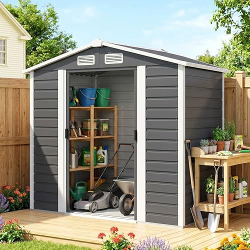Outsunny Caseta de Jardín Exterior 2,36m² 213x120x194 cm Gris Oscuro | Cobertizo de Jardín Exterior, con Base Refuerzo (Suelo NO Incluido), Puertas Correderas Dobles, Candado, Ventanas