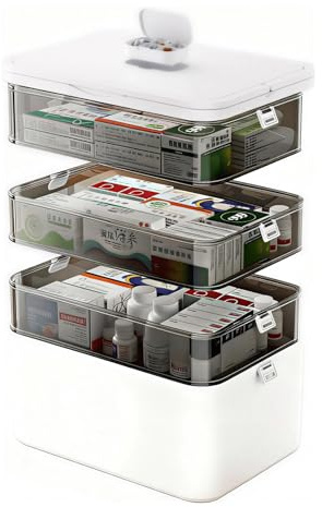 Große Aufbewahrungsbox für Medikamente & Hausapotheke – 4-Ebenen Pillendose | Transparent mit Griff, Wasserdichter Medizinschrank & Tablettenbox Organizer für Badezimmer, Reise & Notfall (Abschließbar)