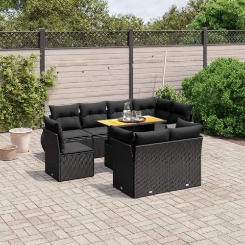 QJBSAVVA 9-TLG. Gartenmöbel-Set Schwarz aus PE-Rattan 62x62x69 cm mit höhenverstellbarem Tisch und abnehmbaren Kissen für Balkon, Terrasse und kleine Gärten