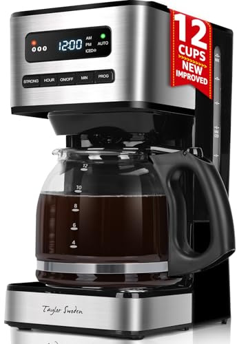 Taylor Swoden Cafetera Goteo 12 Tazas 1.8L Programable 24H LED, Café Helado | 3 Niveles, Jarra Borosilicato, 40 Min Mantener caliente+Autoapagado, Autolimpieza, Antigoteo, Inoxidable, 900W, Flex