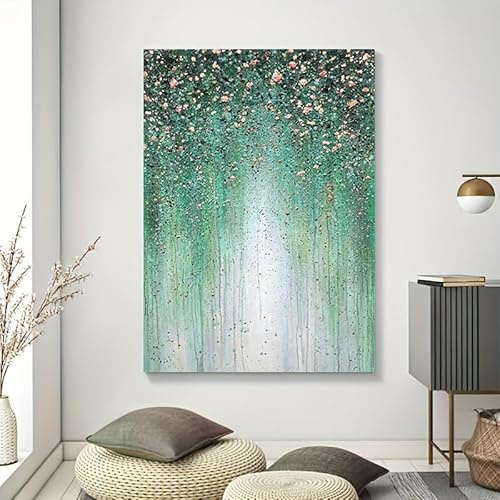 IHHGNB Abstraktes Gemälde auf Leinwand, Farbverlauf von Dunkelgrün zu Hellgrau mit Rosa, Schwarzer Waldlandschaft, Wandbild mit Textur (50x75cm (20x30in)/Ohne Rahmen)