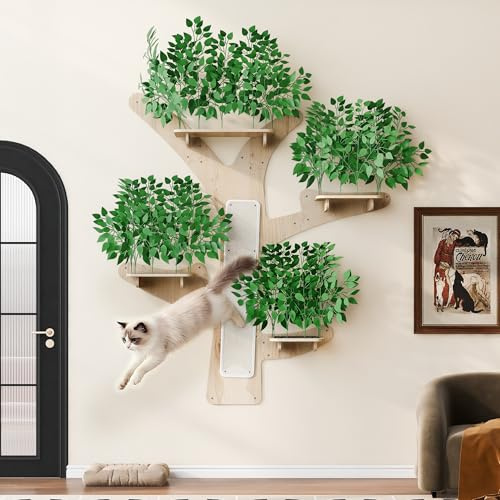 BTM 210 cm Wand-Kratzbaum mit Kratzfläche & Plattformen, Katzen Kletterwand Massivem Kiefernholz Kratzbaum Katzen Stabil