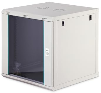 DIGITUS Netzwerkschrank – 19 Zoll 12HE – Unmontiert – Dynamic-N – Grau | 600 mm Tiefe – 470 mm Nutztiefe – Wandmontage – 60 kg Traglast – Glastür