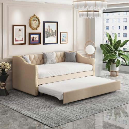 AONYAYBM Schlafsofa Doppelbet 200cm Breit,Tagesbett Ausziehbar 90/180x200 cm, Polsterbett mit Lattenrost, Einzelbett, Bettgestell Gästebett Jugendbett Daybett,Samt,ohne Matratze (Braun)