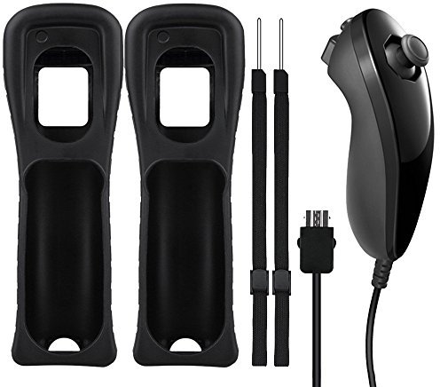 AFUNTA Maletín Nunchuck y Fundas de Silicona para Wii y Wii U Mando a Distancia, Funda Protectora Piel con muñequera, con reemplazo de Controlador para Videojuego WIIU - Negro