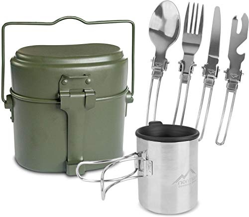 Kochgeschirr Set aus Bundeswehr Aluminium Kochgeschirr + BW Besteck mit Flaschenöffner und rostfreier Edelstahltasse mit Trinkdeckel