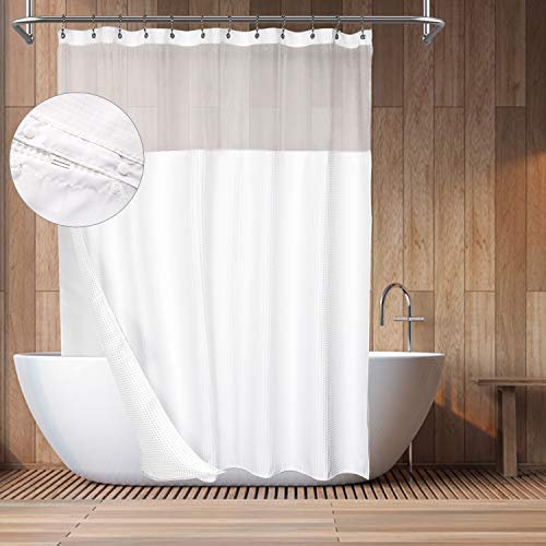 Rideau de Douche en Coton de Style hôtel avec Doublure en Tissu à Clipser, Dessus de fenêtre en Maille, Tissu en mélange de Coton gaufré nid d'abeille, Lavable, Blanc, 183 x 183 cm