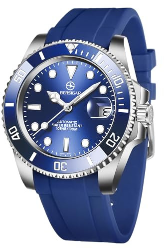 BERSIGAR Automatikuhr für Herren, mechanische Uhren, lässig, elegant, mit Saphirglas, Datum, Kalender, Armband aus Edelstahl/Armband aus Silikon, blau