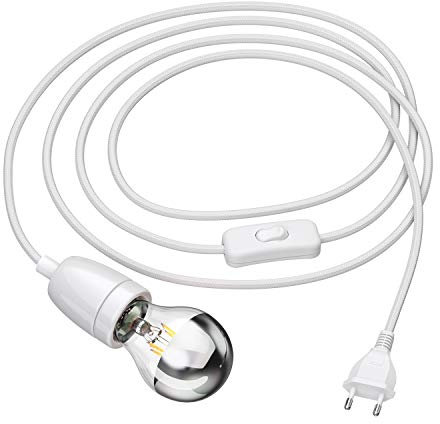 ledscom.de Textilkabel LEHA II mit Stecker, Schalter und E27 Porzellan-Fassung, weiß, 3m, inkl. LED Kopfspiegel Leuchtmittel 461lm warmweiß