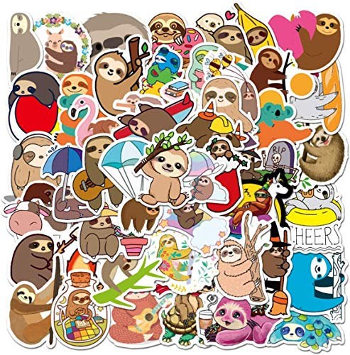 Cute Sloth Stickers 50pcs - Lovely Boy and Girl Designs for Water Bottle, Laptop, Luggage, Snowboard, Bicycle, Skateboard - Waterproof Decals for Kids and Teens