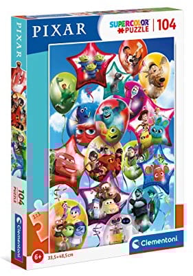 Clementoni 25717 Supercolor Pixar Party – Puzzle 104 Teile ab 6 Jahren, buntes Kinderpuzzle mit besonderer Leuchtkraft & Farbintensität, Geschicklichkeitsspiel für Kinder