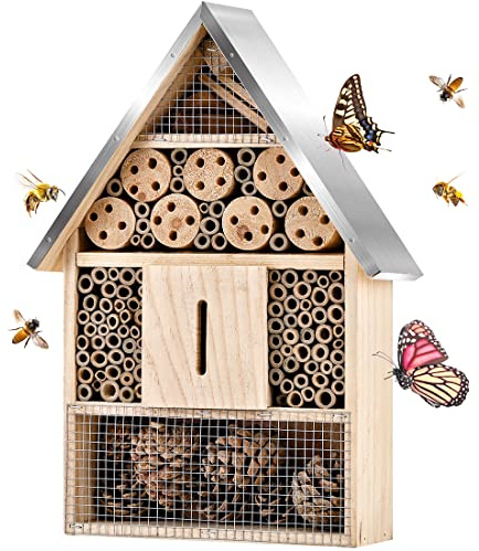 Elipark Wooden Mason Insect Bee Butterfly House,Insect Hotel,an Outdoor Hanging Bamboo Habitat for Bee Butterfly Ladybugs Live,Bee Box,Butterfly Habitat for Garden,9 x 15.7 x 2.5 Inch