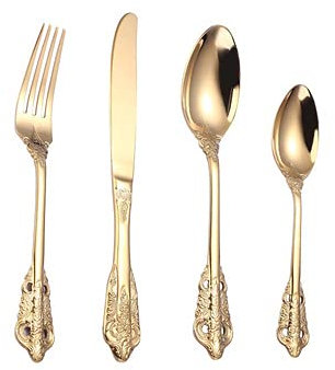 LIIT Cutlery Set 100% Durable Old-Fashioned Western Gold-Plated Cutlery Cutlery Including Knife/Table Fork/Table Spoon/Teaspoon Portable Hotel Western Food Gift Cutlery Set