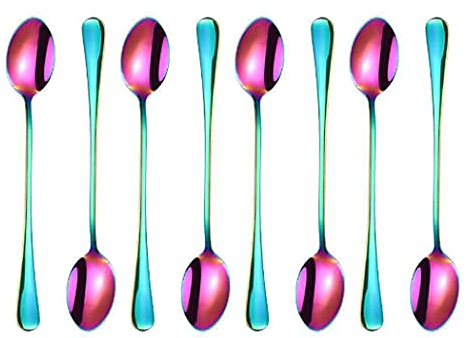 Hoshen Cuchara de hielo de acero inoxidable de 7.6 pulgadas, cuchara de mezcla, cuchara de café de postre de mango largo, cuchara de helado, cuchara de mezcla de cóctel, paquete de 8, colorido