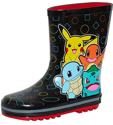 Pokémon Stivali di gomma Wellington per bambini ragazzi ragazze Pikachu pioggia neve Wellys, Nero, 33 EU