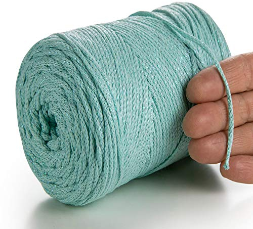 MeriWoolArt® Metallische Makramee Garn 2mm x 225m Farbig für Schnur Schmuckherstellung, Makramee Accessoires Schmuck - Boho Makramee Seil Garn - Glanz Lurex Recyceltes Baumwollgarn (Lurex Aqua)