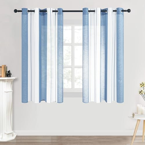MRTREES 2 Pièces de Rideaux Voilage Blanc et Bleu Paon 140x145 cm Fils Teints Rayé à Oeillets Rideau CuisineTamisant Élégant pour Porte-Fenêtre Décoration de Salon Chambre Baie Vitrée