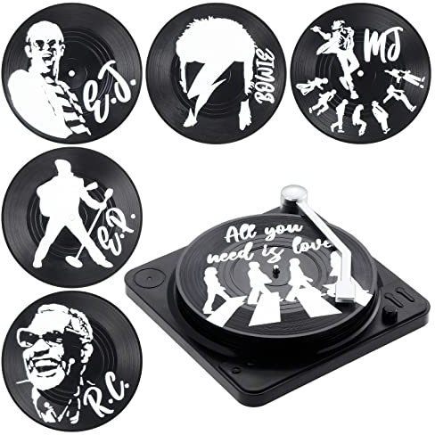 Coptiner Record Coasters 6PCS CD Vinyl Retro Coasters with Holder Non-Slip Insulated Drink Cup Pad Mat for Cold Hot Drinks Coffee Beer Mats Home and Bar