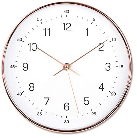 K&L Wall Art Lautlose Moderne Wanduhr Rosé Gold langlebiges Quarz Uhrwerk ohne Tickgeräusche rund Ø 25 cm für Wohnzimmer, Bad und Schlafzimmer (Weiß Roségold Optik)
