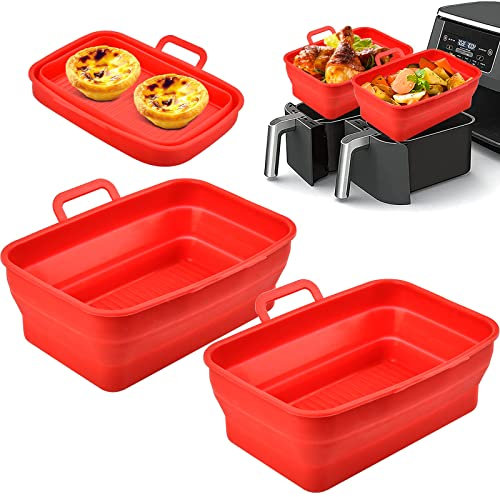 Pipihome 2Pcs New Upgrade Collapsible Silicone Pot for Ninjas Dual Air Fryer, Foldable Silicone Double Air Fryer Liners Basket, Air Fryer Rack Accessories for Air Fryer, Oven and Microwave (A-Red)
