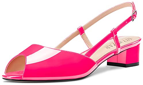HEUIVZAR Donna Aperte sulla Punta Pumps Sandali Basso Blocco Chunky Tacco Heel Cinturino alla Caviglia Slingback Verniciata Dress Scarpe Magenta Rosso 2 3.5 CM 38 EU
