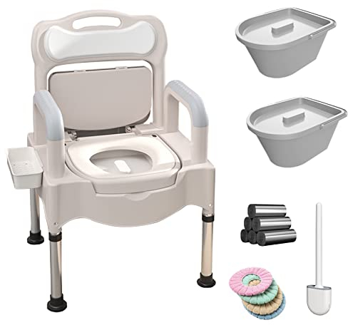 Nachttisch-Toilettenstuhl, höhenverstellbar, für Dusche, mobile Toiletten, tragbar, für Zuhause, Nachttisch, Toilettenstuhl, für Erwachsene, mit Armlehnen und Taschentuchbox (Khaki) (cremeweiß)