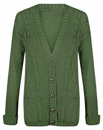 AJFASHION Womans Cardigan Ladies Cable Chunky Knit Cardigan Button Long Sleeves Grandad Cardigans Jumper UK Plus Small Sizes (Khaki, UK 20-22)