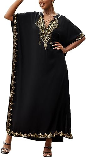 YOUKD Brodé Floral Loose Caftan Boho Couverture de Bikini de Plage Robe Plus Robe pour Femme