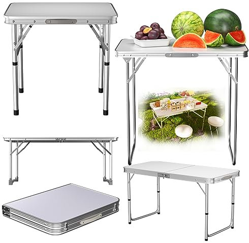 VickyHome 90x60x67 cm Weißer Klappbarer Garten Camping Picknick Tisch, Hochleistungs Klappbarer Bocktisch Schreibtisch Esstisch aus Kunststoff mit 2 Verstellbaren Höhen für Grillpartys