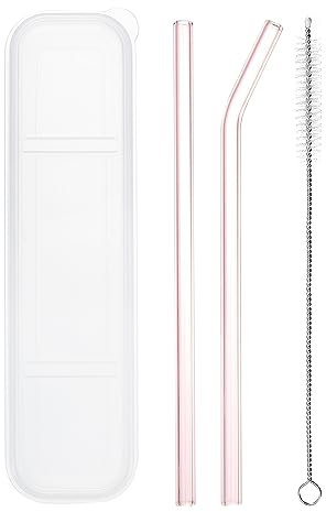 sourcing map Glass Straw, 2pcs 8 inch Long Reusable Straws, Travel Tumbler Replacement Straw Long with Cleaning Brush and Box for Frozen Bubble Tea Drinks, Pink