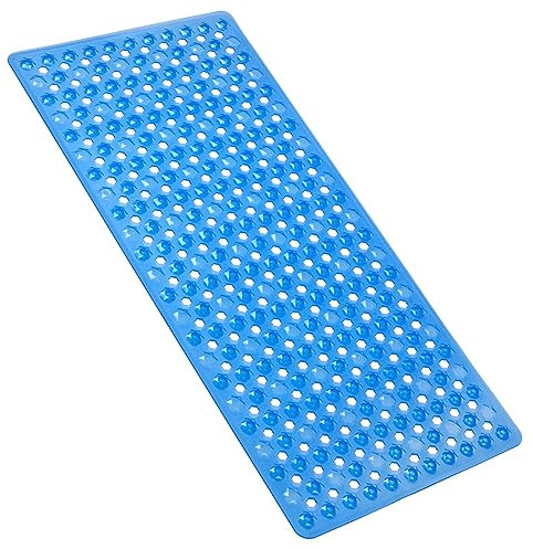 Non Slip Bath Mat Shower Mats Anti Mould for Bathroom and Bathtub with Large Suction Cup and Thickened Rubber Backing Long (Blue without hair brush, 88x44cm)