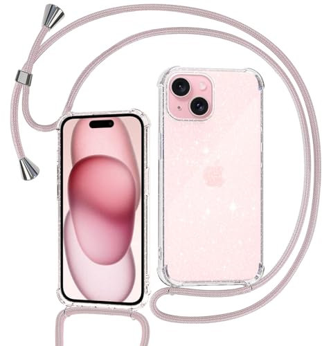 Tikgue Coque pour iPhone 15 avec Cordon, Collier Coque Glitter Transparent Paillettes Etui TPU Bumper Silicone Case avec Chaîne Lanière Housse Compatible avec iPhone 15 - Or Rose