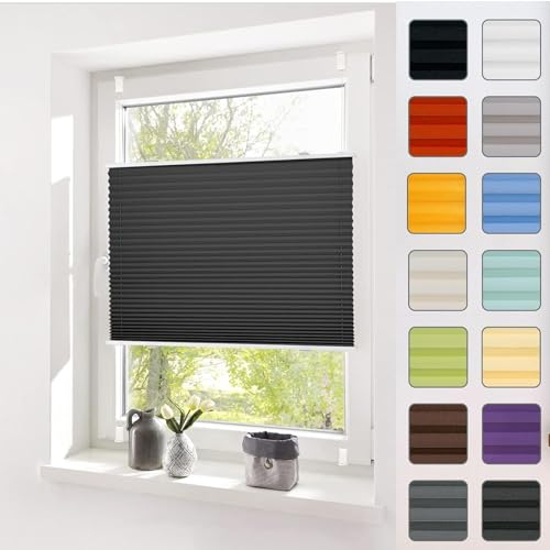 Plissee ohne Bohren Plissees Klemmfix 40 x 60 cm Blickdicht Sichtschutz Sonnenschutz Jalousien Fenster für innen, inkl Befestigungsmaterial, für Fenster & Tür, Schwarz
