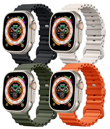 Confezione da 4 cinturini Ocean compatibili con Apple Watch Ultra Band 49 mm, 46 mm, 45 mm, 44 mm, 42 mm, unisex, in morbido silicone, sportivi, robusti, per smartwatch IWatch Ultra Ultra 2 Series 10