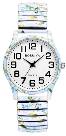 JewelryWe Uhren Damen Elastisch Edelstahl: Analog Quarz Armbanduhr Frauen Böhmische Blumendruck Edelstahl Stretch-Armband Uhr mit Ultraklar großen arabischen Zahlen Zifferblatt Blau Weiß