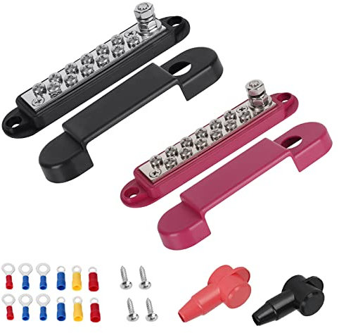 JMEST LEAD 2PCS 12V Bus Bar with Cover, 180A 12 Terminal Power Distribution Block 1x M6 Terminal Stud + 12x M4 Screws, Auto Marine Battery Bus Bar Terminal Block 12V-48V For Cars RV Boat Solar