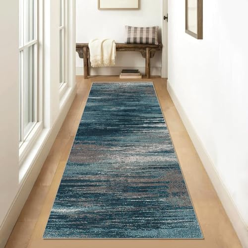 Siunwdiy Teppich Läufer Flur, Küche 60x200cm Blau Grauer Verlaufsfarbe Vintage Teppichläufer rutschfest Meterware Waschbar Flurläufer Lang Polyester Küchenläufer für Korridor Schlafzimmer, Anpassbar
