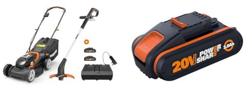 Worx Twin Pack Cordless Lawnmower and String Grass Trimmer Combo Kit Set WG927E & WA3551.1 2.0Ah Battery Pack, 18V (20V Max)