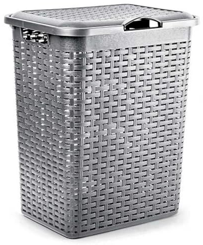 AC - Cesto Rattan para Ropa Sucia con Tapa y Asas - Pongotodo de plástico - Cubo para Colada - Imitación de Mimbre - Fabricado en España (Plata - 38 litros - 49 x 38,5 x 29,5 cm)