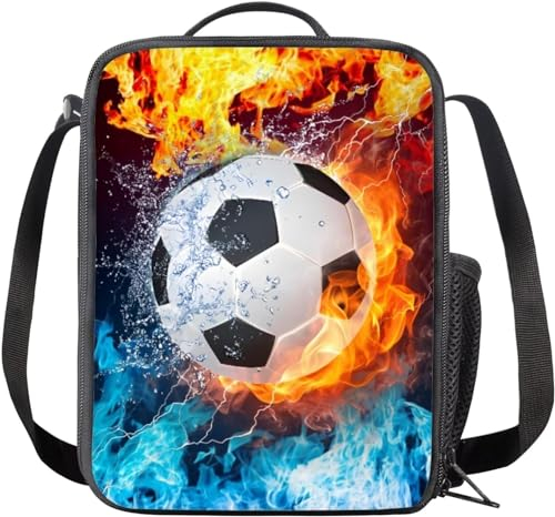 VKWE Football Lunch Box Bag - Insulated Kids Reusable Cooler with Drink Bottle Holder for School, Picnic, Travel, Hiking, Camping