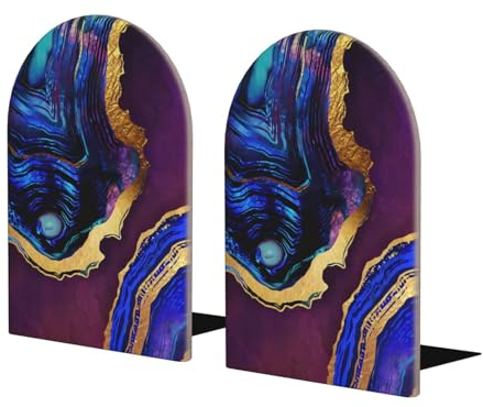 Achat Abstrakt Lila, Blau, Gold, 2er Set Buchstützen Bücherregal Lustiger Holz Buchstopper Buchstützen Buchhalter und Ständer