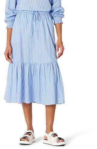Amazon Essentials Jupe Mi-Longue Trapèze Étagée, Taille Mi-Haute, en Satin de Coton (Haut Vendu Séparément) Femme, Bleu Blanc Rayures, S