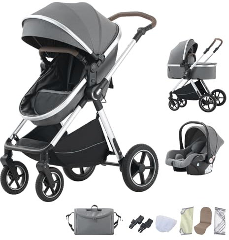 BEBBY passeggino trio, combinazione passeggino 3 in 1 passeggino cittadino con passeggino passeggino portatile con neonato passeggino pieghevole di lusso con passeggino ad alta vista (D2-DEEPGREY)