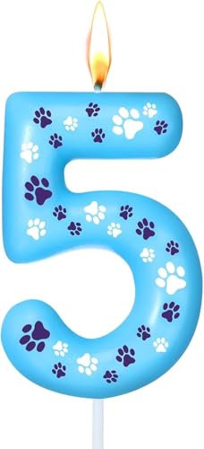 Ovaletta Blaue Geburtstagskerzen Zahlen 5 mit Pfotenabdruck, Kerzen Geburtstag, Blaue Geburtstagskerze, Geburtstagskerzen für Torte, Kerze 5, Kuchenaufsatz für Jungen, Mädchen, Hunde Partyzubehör