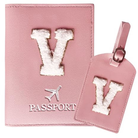 ZVRSUA Porta Passaporto Rosa ed Etichette per Valigie Cover Passaporto con Lettere, Pelle PU,Porta Passaporto da Viaggio Donne, Regalo Donna, Adolescenti, Ragazze (Passaporto con lettere-V)