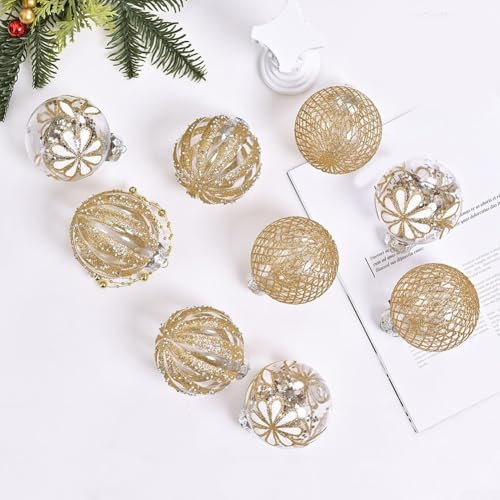 Wunderschön gearbeitete Weihnachtskugeln, Set mit 9 transparenten Glitzer-Ornamenten, je 8 cm (Champagner)