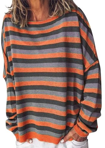 KKvoPiQ Pullover Damen Winter Günstig Elegant Pullover Tumblr New European and American Striped Round Neck Long Sleeve Loose Women's Sweatshirt Langarm Longshirt Damen Große Größen XXXXL (Orange, M)