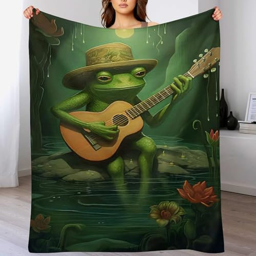 AAPZY Frosch Playing Guitar Fleece Decke, Extra Weiche Flauschige Kuscheldecken, Leichte, Gemütliche Flannel Sofadecke/Couchdecke Für Erwachsene, Wohndecke （150×200cm）