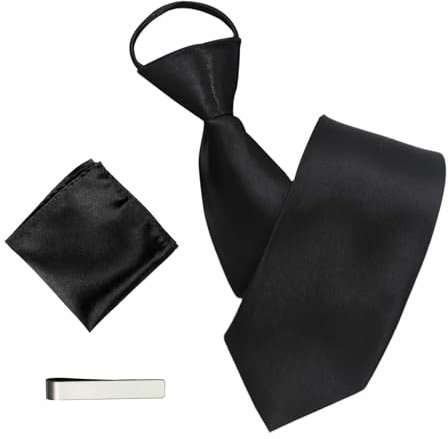 GUTERTOP Schwarze Krawatte Herren mit Krawattenklammer und Brusttuch, Vorgebundene Verstellbare Tie mit Reißverschluss, Schlips Schwarz 8Cm für Heiraten Oder Festliche Veranstaltunge