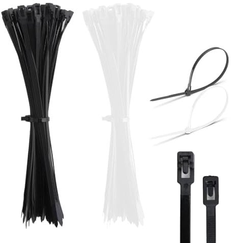 100 Pcs Cable Ties 5x300mm, Reusable Nylon Zip Ties Heavy Duty Plastic Wire Tie, Multi-Purpose Long Tie Wraps for Home Office Garden DIY (Black/White)